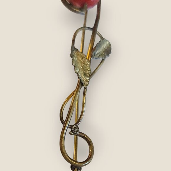 Vintage Antique Gold Metal Rose Flower Brooch Pin with Red Dimensional Bloom - Picture 6 of 11